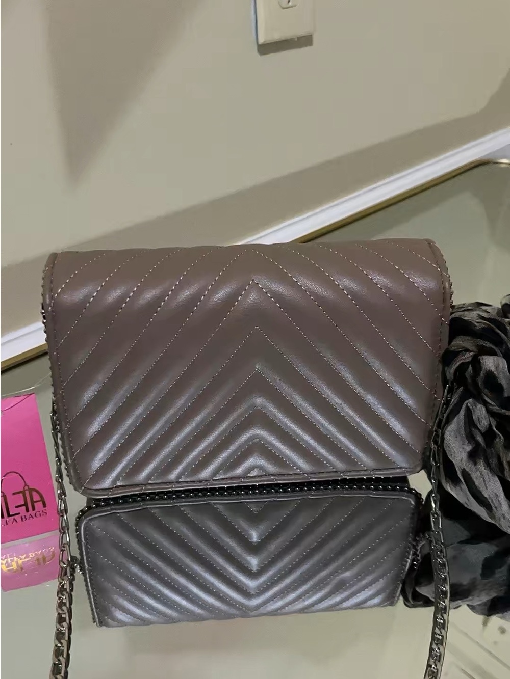 Chevron Quilted Crossbody Bag in Taupe Brown